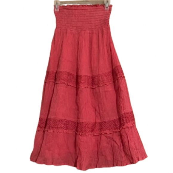 Old Navy Women’s Vibrant Coral Red Elastic Smocked Waist 3-Tier Maxi Skirt Sz-S - Picture 6 of 6